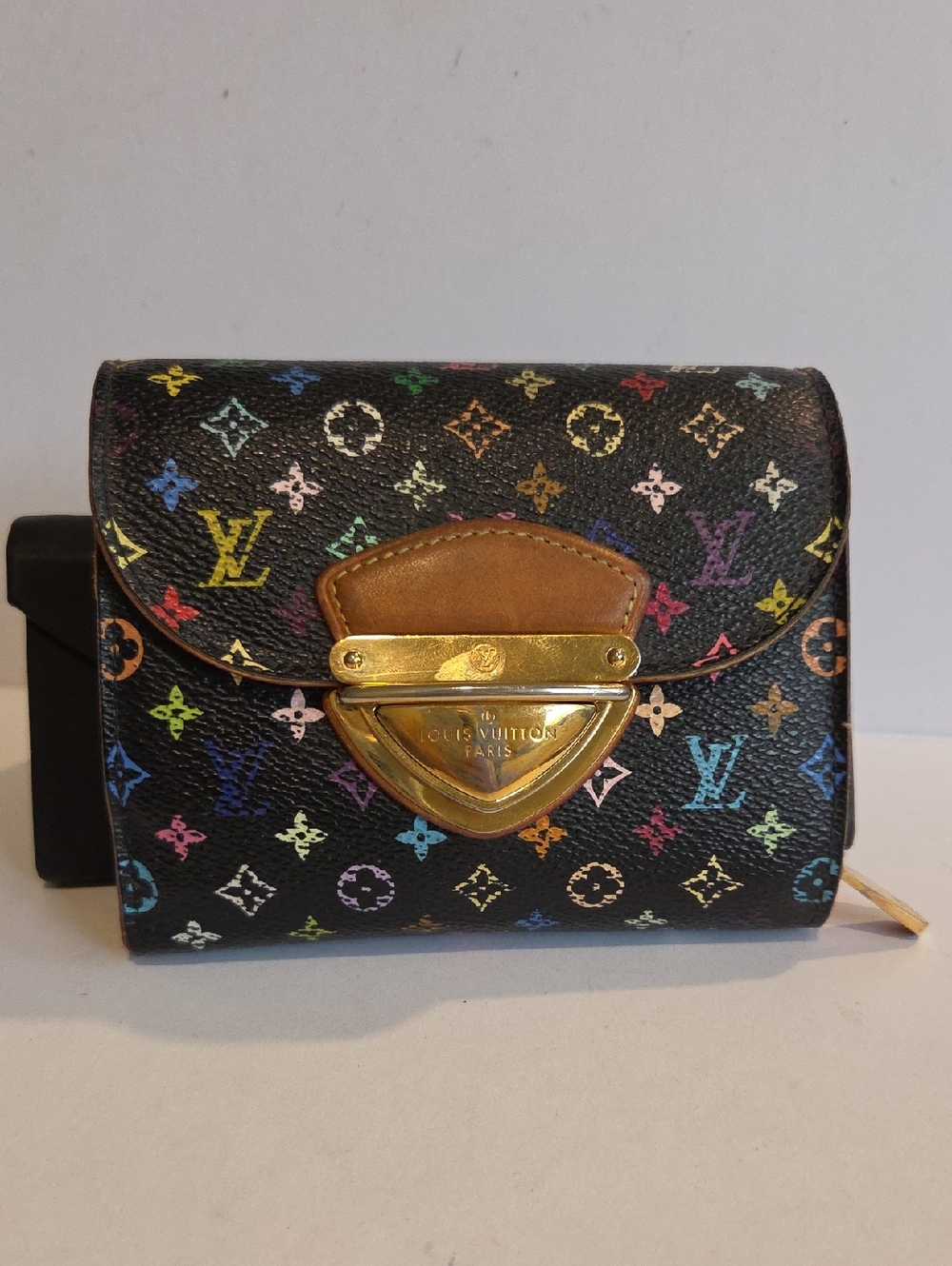 Louis Vuitton Black Multicolor Monogram Small Wallet with Gold-Tone Clasp- COA